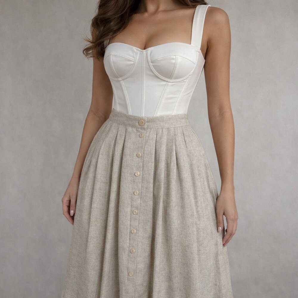 Vintage Prarie chic cottagecore linen button pleated classic quiet luxury skirt